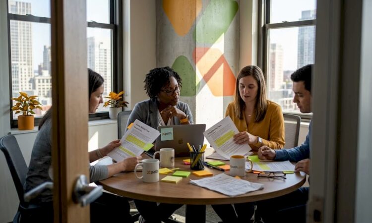 HR team reviewing relocation policies in office