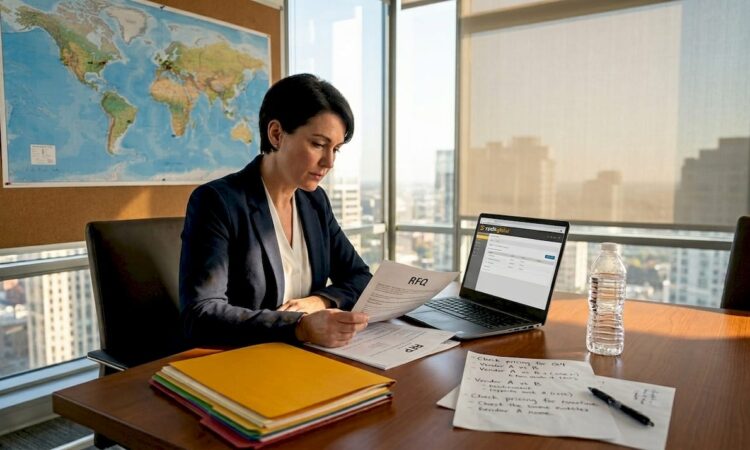HR manager reviewing RFQ and RFP paperwork