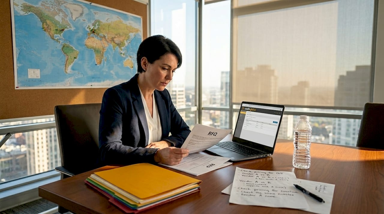 HR manager reviewing RFQ and RFP paperwork