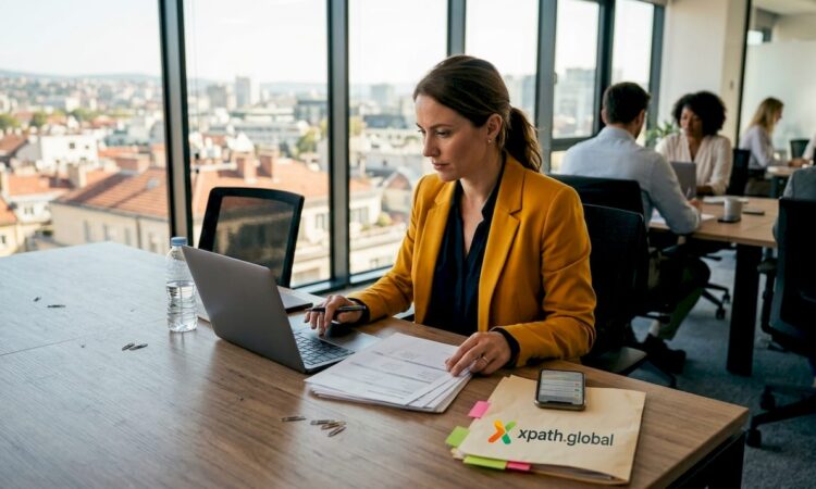 HR manager reviews relocation documents at desk