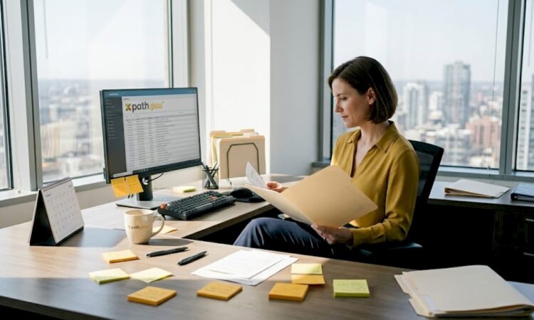 HR manager reviewing assignment documents in corner office