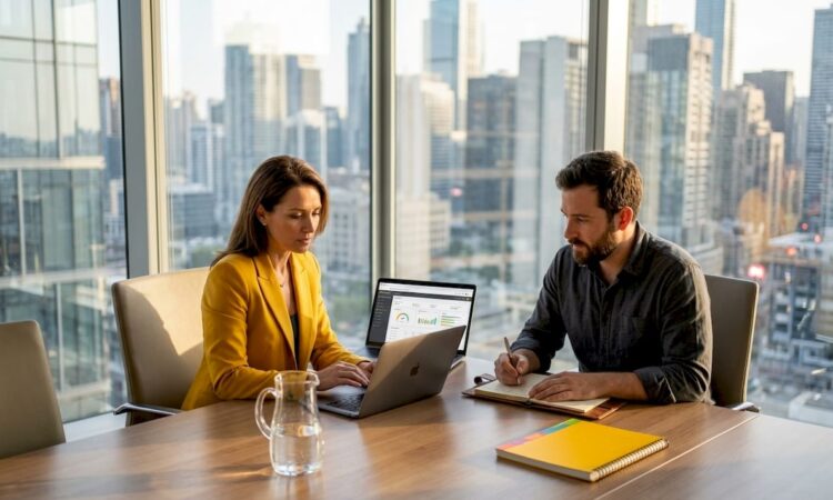 Colleagues collaborating on laptops in glass office